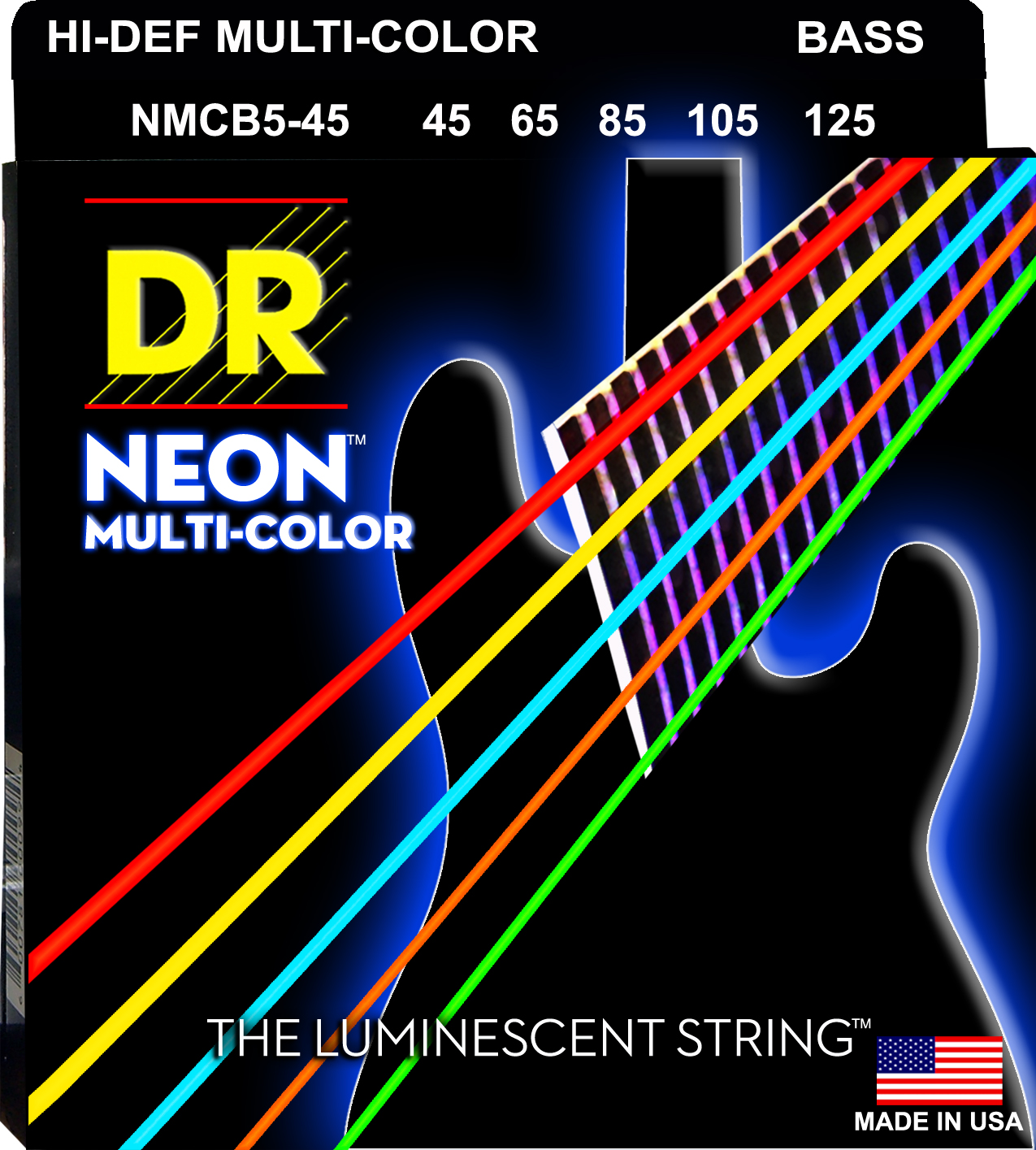 DR Strings NMCB5-45 Hi-Def Neon Bass Strings (5 String). Multi-Color 45-125