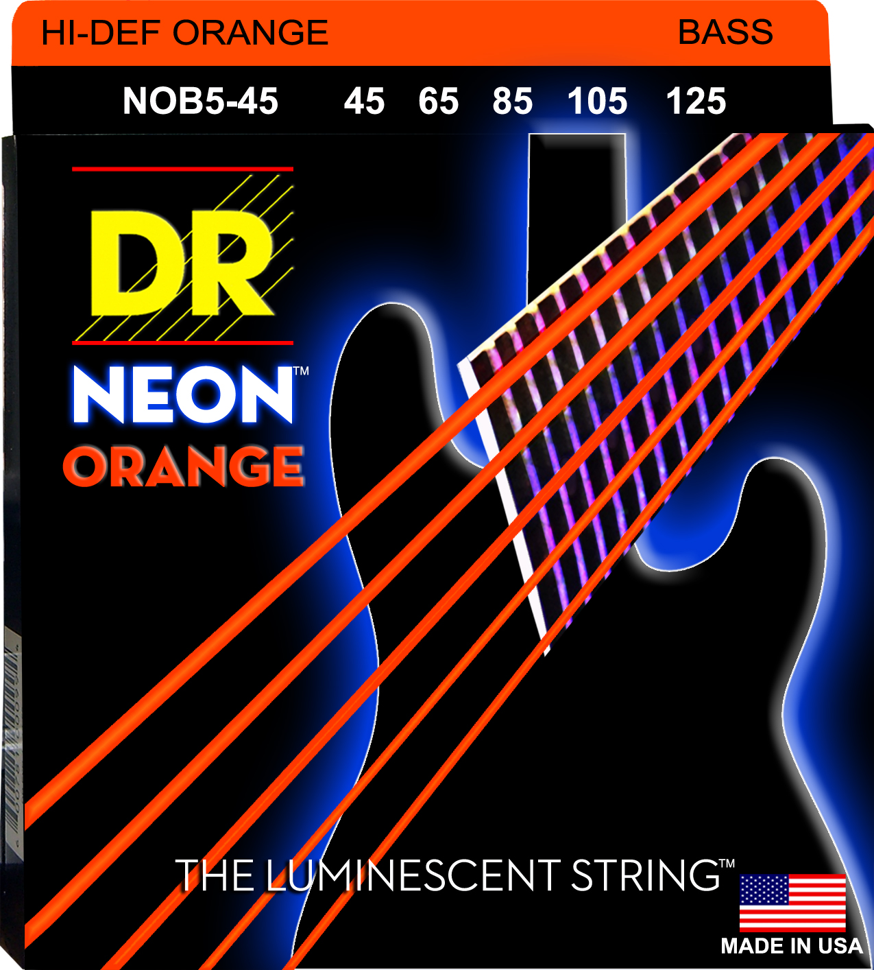 DR Strings NOB5-45 Hi-Def Neon Bass Strings (5 String). Orange 45-125