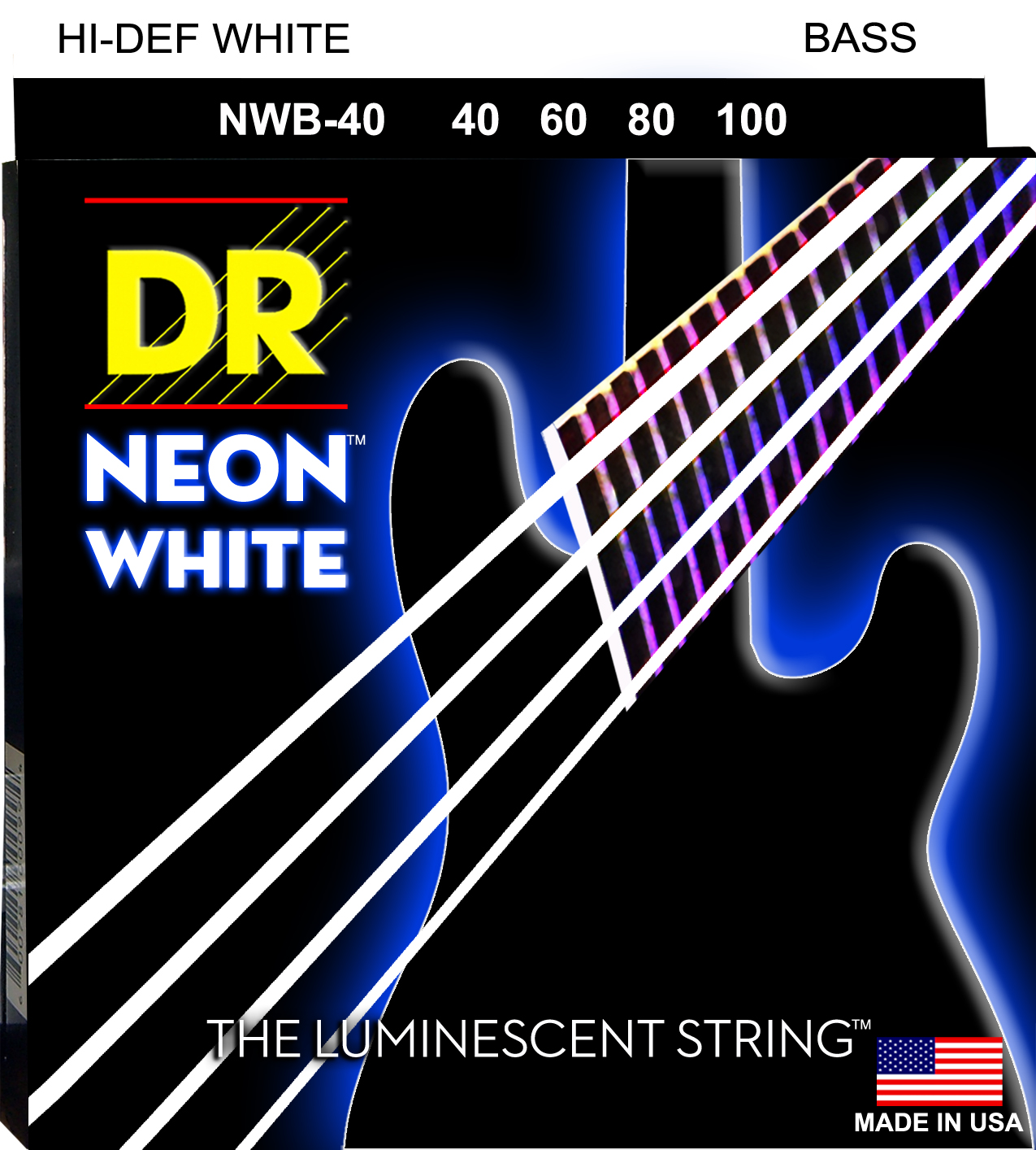 DR Strings NWB-40 Hi-Def Neon Bass Strings. White 40-100 