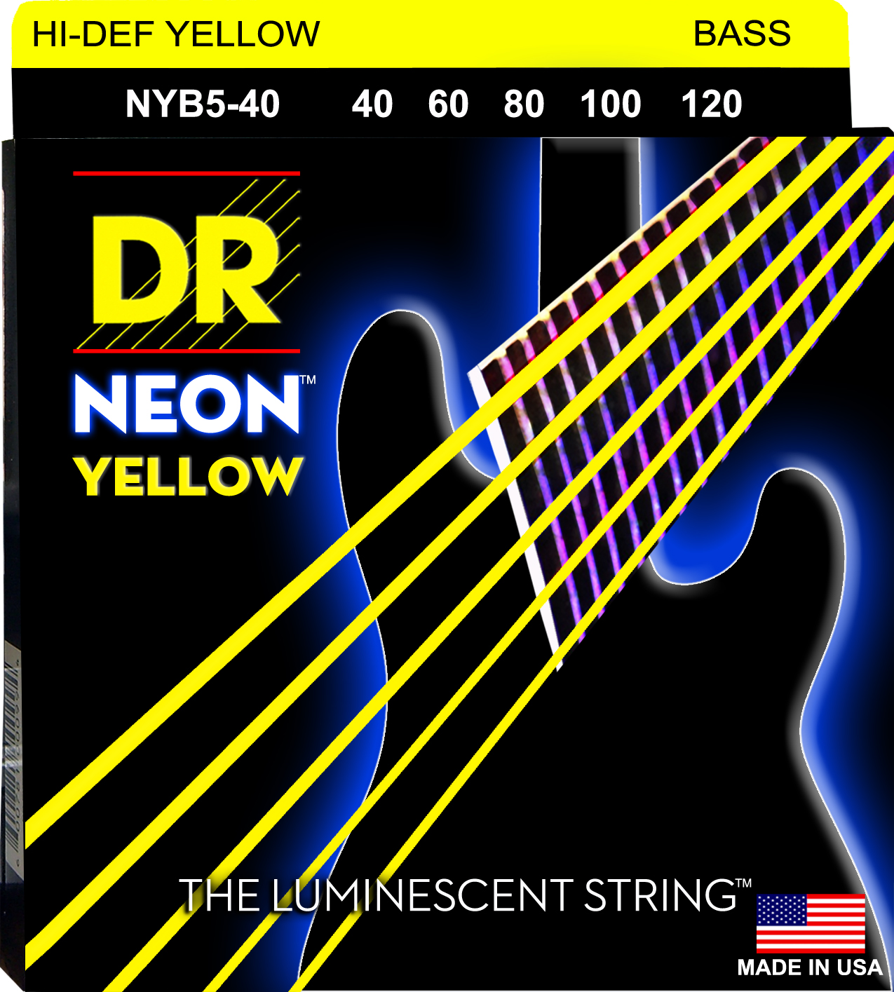 DR Strings NYB5-40 Hi-Def Neon Bass Strings (5 String). Yellow 40-120 