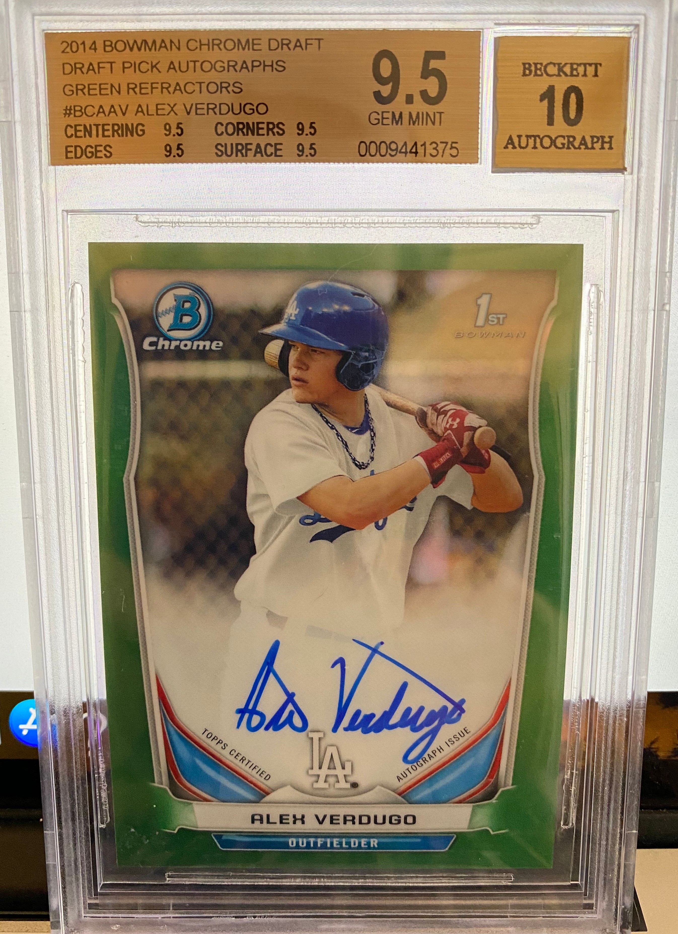 Alex Verdugo 2014 Bowman Chrome Draft Green Refractor Auto SP /99 BGS 9.5/10