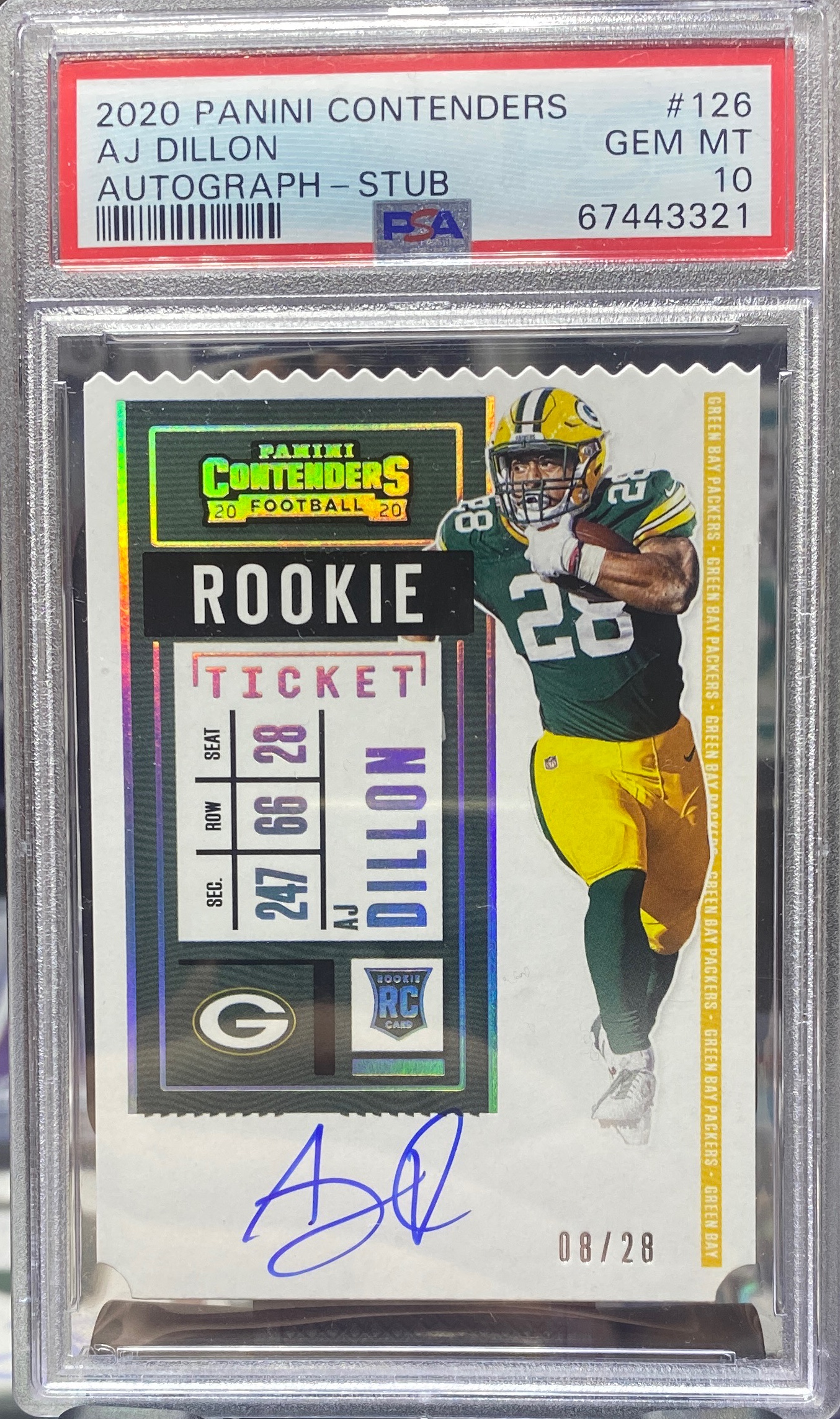 2020 Panini Contenders AJ Dillon Rookie Autograph Die Cut Stub /28