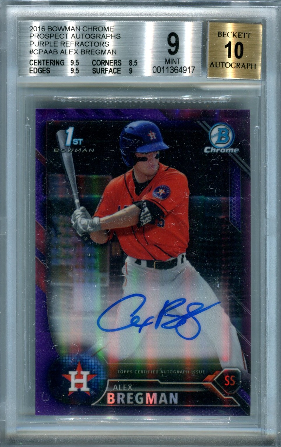 2016 Bowman Chrome Alex Bregman purple refractor /250 BGS 9 auto 10