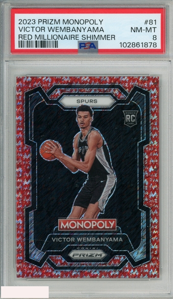 2023 PRIZM MONOPOLY VICTOR WEMBANYAMA #81 RED MILLIONAIRE SHIMMER OF 100 PSA 8