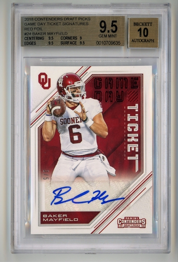 2018 Panini Contenders Draft Picks Game Day Ticket Signatures Red Foil Auto /5 Baker Mayfield  Pop 1