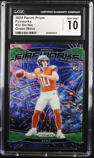 2024 Prizm Bo Nix Fireworks #23 Green Wave Prizm Rookie RC Gem Mint CGC 10