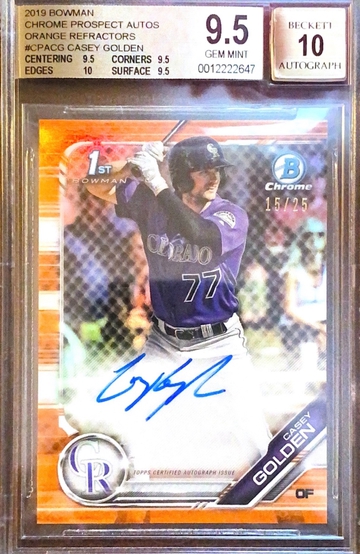 2019 Topps Bowman Chrome Orange Refractor Auto Casey Golden 15/25 RC