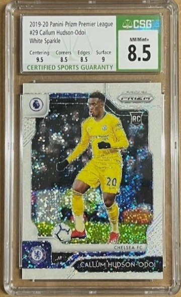 2019-20 Panini Prizm EPL Callum Hudson-Odoi White Sparkle 09/15 CGC 8.5 Chelsea