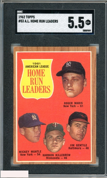 1962 TOPPS AL HOME RUN LEADERS #53 MANTLE MARIS KILLEBREW GENTILE SGC 5.5