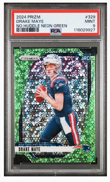 2024 Prizm Drake Maye /10 No Huddle Neon Green Rookie SSP PSA 9 Mint