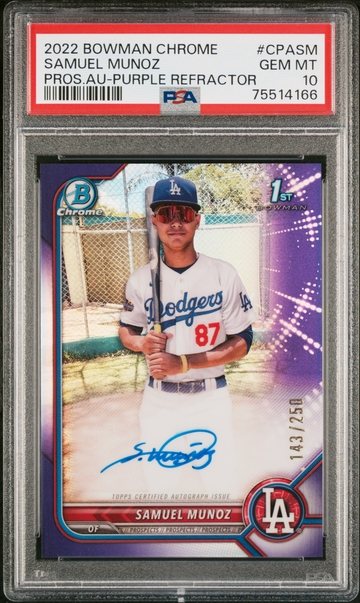 2022 Bowman Chrome SAMUEL MUNOZ Purple Refractor 1st Rookie AUTO /250 PSA 10 Gem Mint