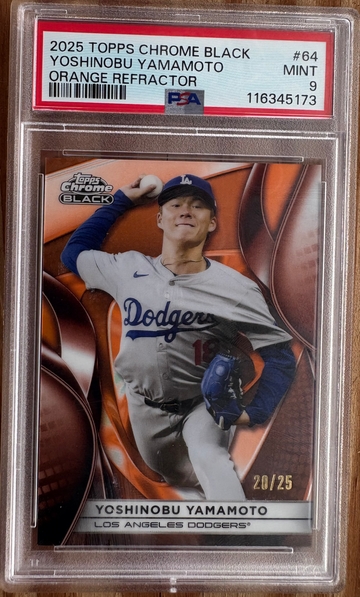 2025 Topps Chrome Black Yoshinobu Yamamoto Orange Refractor 20/25 PSA 9