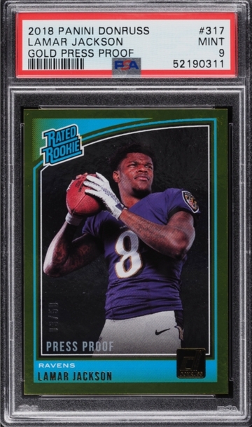 4959  2018 Donruss Gold Press Proof Lamar Jackson ROOKIE /50 #317 PSA 9 MINT