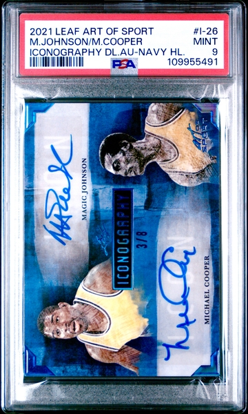 2021 Magic Johnson Michael Cooper Leaf Art Sport Iconography Blue Auto /8 PSA 9 Autograph Dual Navy