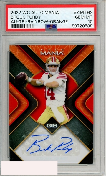 2022 WILD CRD AUTO MANIA BROCK PURDY #AMTH2 RAINBOW-ORANGE PSA 10