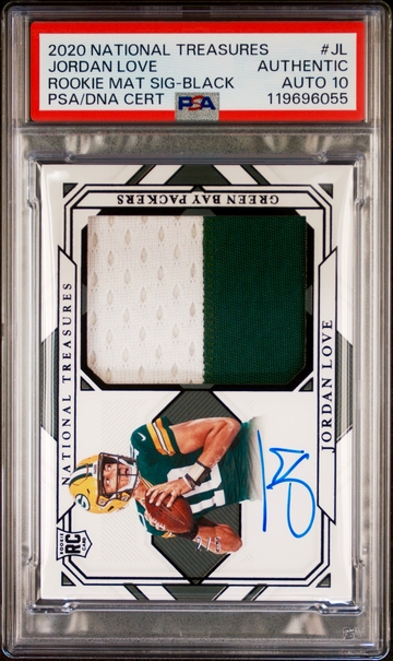 2020 Jordan Love National Treasures Rookie Black Patch Auto 2/5 PSA AUTH 10 RPA Material Signatures Jersey