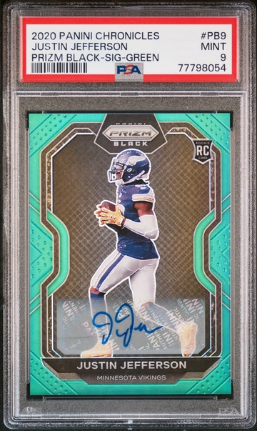 Justin Jefferson 2020 Panini Chronicles Black Prizm Green RC Autograph 22/49 PSA 9 Mint