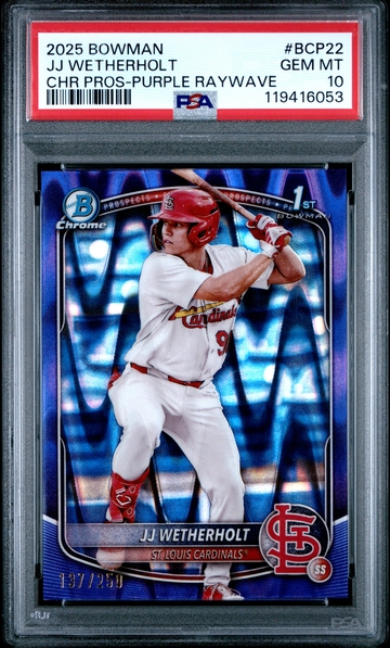 2025 Bowman Chrome JJ Wetherholt #BCP-22 1st Purple Raywave Refractor /250 PSA 10