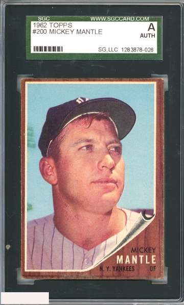 1962 TOPPS MICKEY MANTLE #200 NEW YORK YANKEES HOF SGC AUTHENTIC