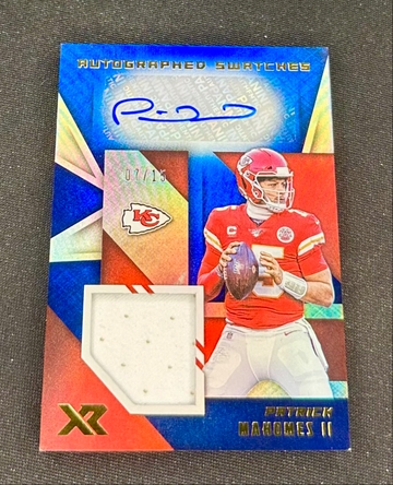 2020 Patrick Mahomes Panini XR Autographed Swatches Blue Patch Jersey Auto 7/15 Autograph Signature