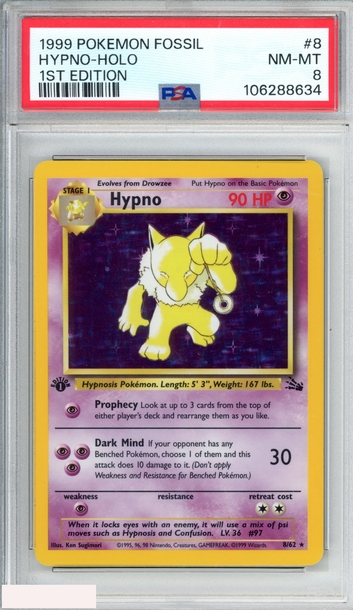 1999 POKEMON FOSSIL HYPNO HOLO #8 1ST EDITION PSA 8 NM-MT