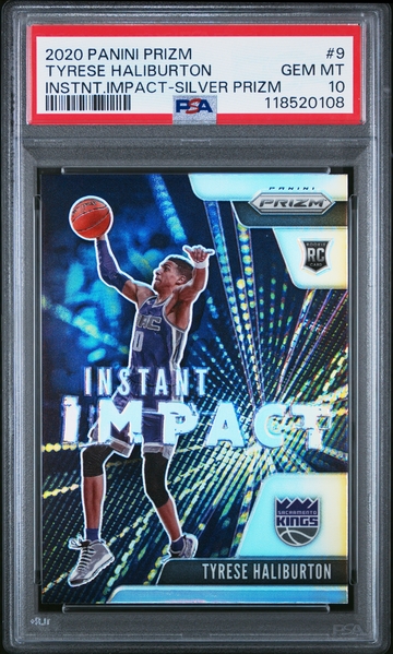 2020 PANINI PRIZM INSTANT IMPACT TYRESE HALIBURTON SILVER PRIZM #9 RC PSA 10