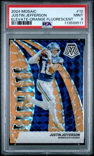 2024 Panini Mosaic Justin Jefferson #12 Elevate Orange Fluorescent /25 PSA 9