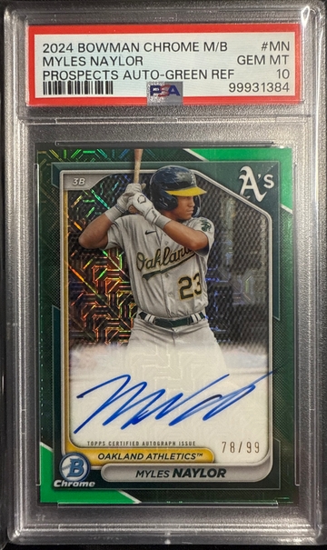 2024 BOWMAN CHROME M/B MYLES NAYLOR PROSPECTS AUTO-GREEN REF #MN GEM MT 10