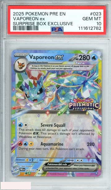 2025 POKEMON PRISMATIC EVOLUTIONS VAPOREON EX #023 SURPRISE BOX EXCLUSIVE PSA 10