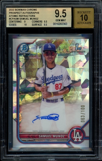  2022 Bowman Chrome SAMUEL MUNOZ Atomic Refractor 1st Rookie AUTO /100 BGS 9.5/10 Gem Mint
