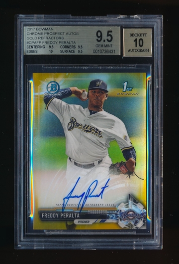 2017 Bowman Chrome Freddy Peralta Gold Refractor Auto RC /50, BGS 9.5 10 Hi Subs