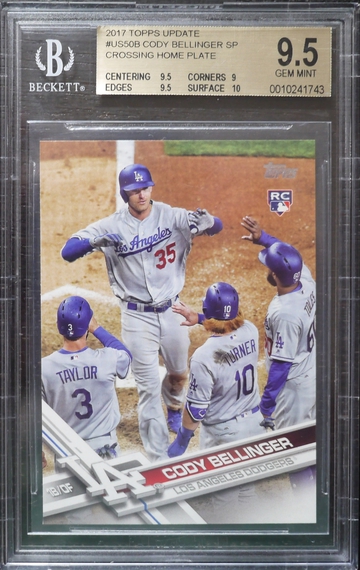 BGS 9.5 - 2017 TOPPS UPDATE CODY BELLINGER RC #US50B SP CROSSING HOME PLATE HIGH FIVE