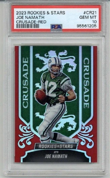 2023 PANINI ROOKIES & STARS CRUSADE RED #CR21 JOE NAMATH JETS /99 PSA 10