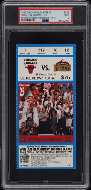 1997 Bulls vs Nuggets ticket stub Jordan Pippen career high PSA 2