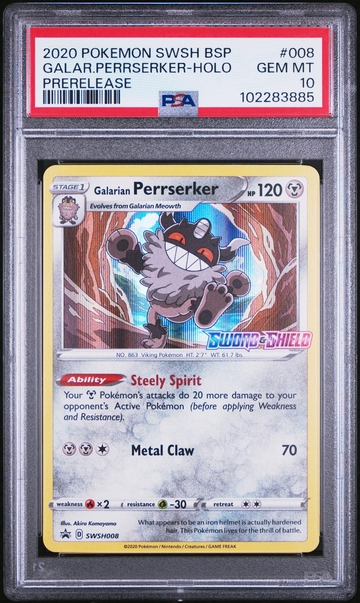 2020 Pokemon Swsh Black Star Promo #8 Galarian Perrserker-Holo Prerelease PSA 10