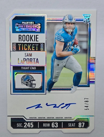 2023 Panini Contenders #131 Sam LaPorta Season Ticket Stub RC Auto #/87