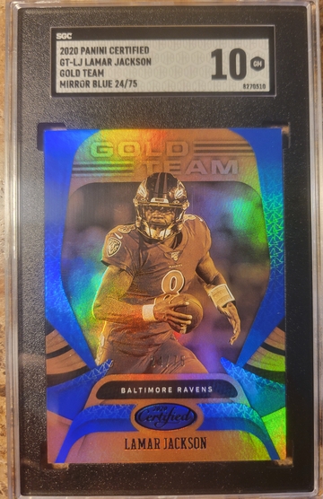 2020 panini certified lamar jackson gold team blue mirror /75 sgc 10