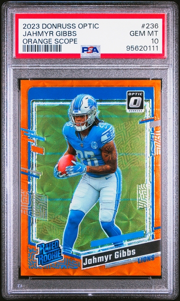 Jahmyr Gibbs 2023 Panini Donruss Optic Orange Scope /79 Rookie Card PSA 10 Gem Mint  