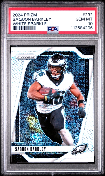 SAQUON BARKLEY 2024 Panini Prizm #232 White Sparkle PSA 10 - Pop. 3 - SSP - Eagles OPOY