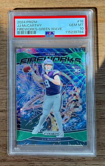 2024 Prizm JJ McCARTHY Fireworks Green Wave Prizm #18 RC PSA 10 Vikings