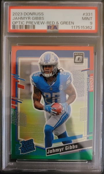 2023 Donruss Jahmyr Gibbs Optic Preview - Red & Green PSA 9