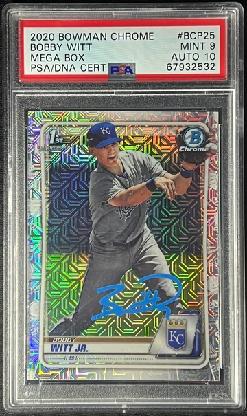 2020 Bobby Witt Jr Bowman Chrome 1st Mega IPA On Card Auto #7 Inscribed PSA 9