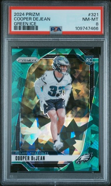 2024 Prizm Green Cracked Ice Cooper DeJean #321 (PSA 8)