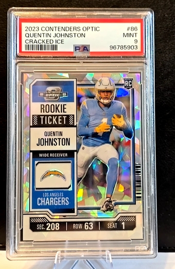 2023 Contenders Optic  Quentin Johnston  Rookie Ticket  Cracked Ice  22/22  BOOKEND PSA 9 POP 1 Chargers