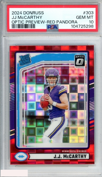 2024 PANINI DONRUSS JJ MCCARTHY #303 OPTIC PREVIEW RED PANDORA ROOKIE RC PSA 10