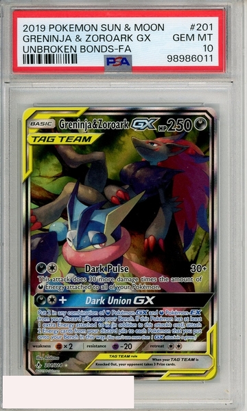 2019 PKMN SUN MOON UNBR BONDS GRENINJA ZOROARK GX #201 FA PSA 10