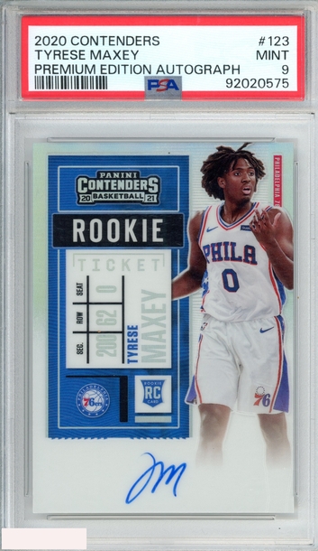 2020 PANINI CONTENDERS TYRESE MAXEY #123 PREMIUM ROOKIE TICKET AUTO RC PSA 9