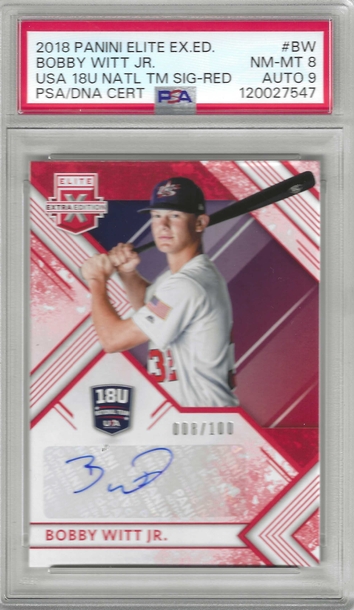 Bobby Witt Jr 2018 Panini Elite Extra #BW FIRST YEAR USA RED ROOKIE CARD 8/100 PSA 8/ 9 MINT AUTOGRAPH