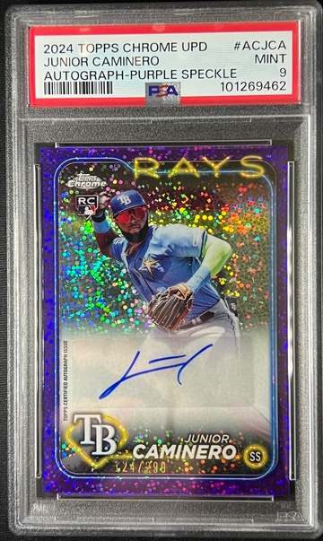 2024 Topps Chrome Update Junior Caminero Purple Speckle /299 Auto RC PSA 9