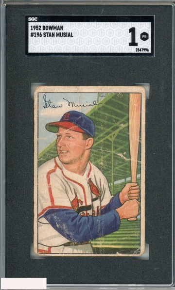 1952 BOWMAN STAN MUSIAL #196 ST. LOUIS CARDINALS HOF SGC 1 PR